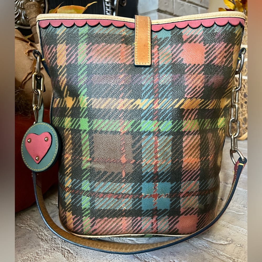 Dooney & Bourke Multicolor Rainbow Tartan Plaid Shoulder Bucket Bag - Picture 3 of 16